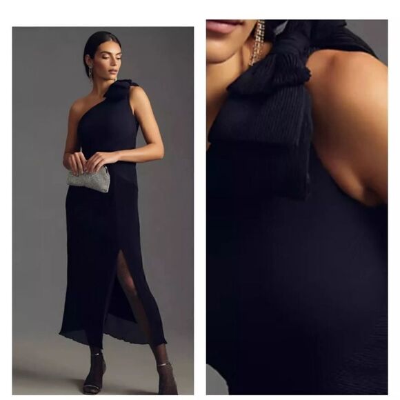 Maeve Anthropologie Pleated Crepe One Shoulder Bow Maxi Dress Black Size 2 NWT - Picture 1 of 6